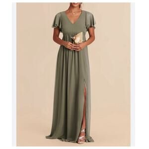 Birdy Grey Hannah Dress Size M Olive Green Chiffon Sage Empire Flutter Sleeves